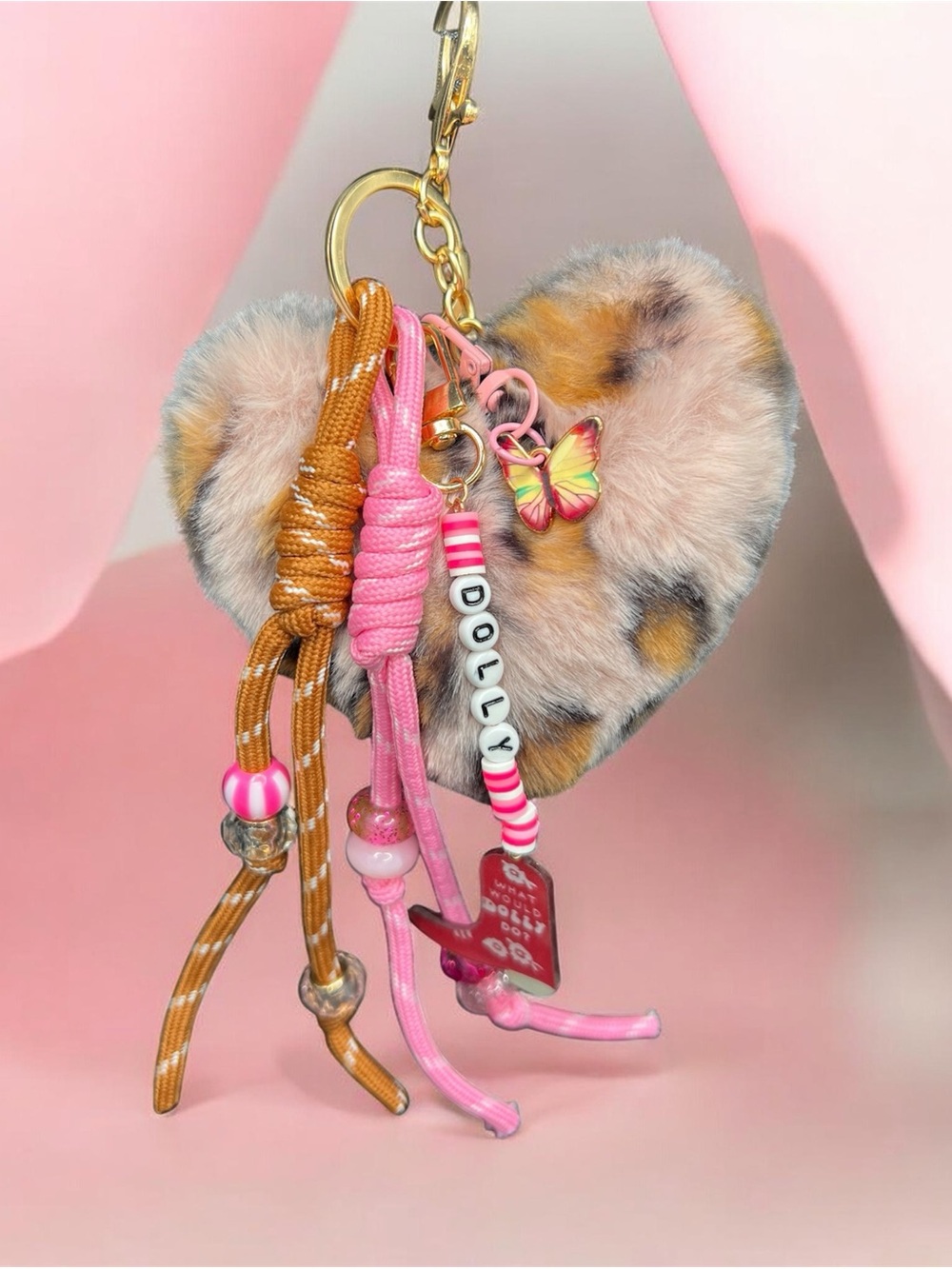 Light Pink Cheetah Faux Fur Heart 🦋💕Keychain Bag Charm 🌸🐆